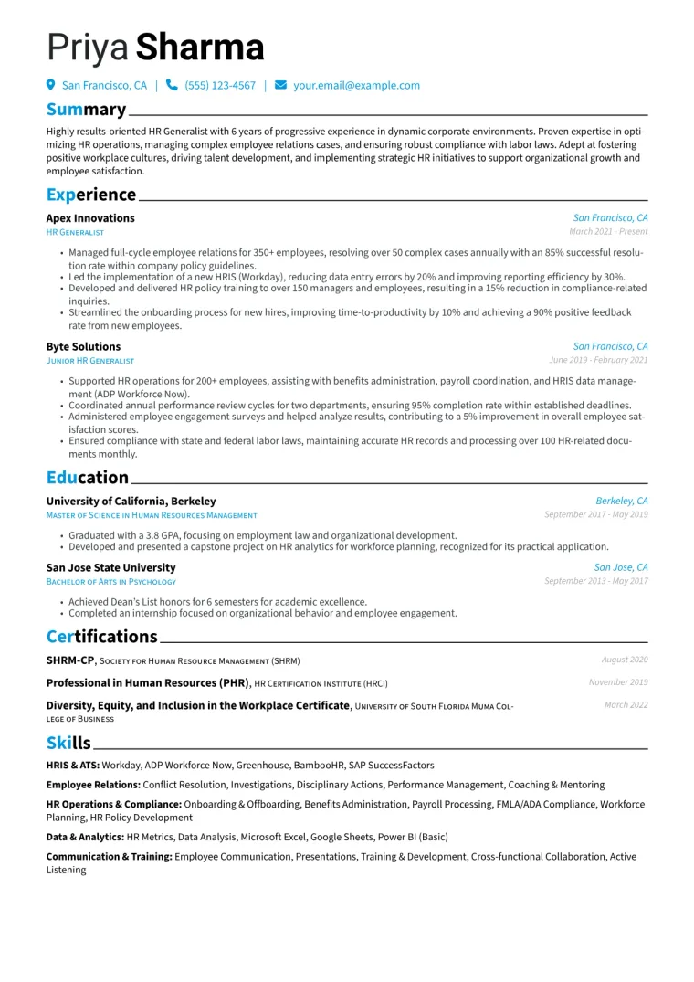 HR Generalist Resume Example CV template preview