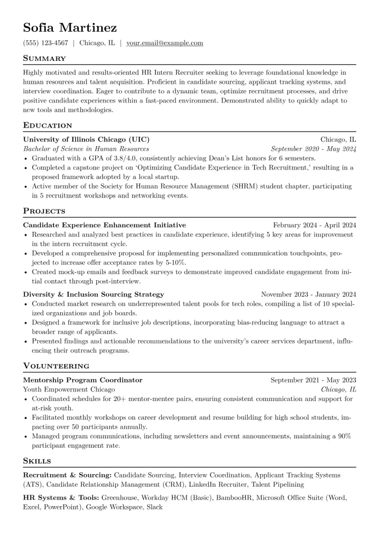 HR Intern Recruiter Resume Example CV template preview