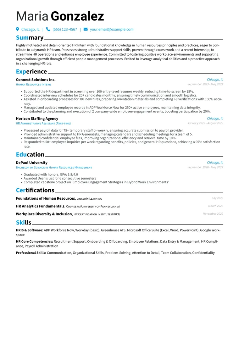 HR Intern Resume Example CV template preview