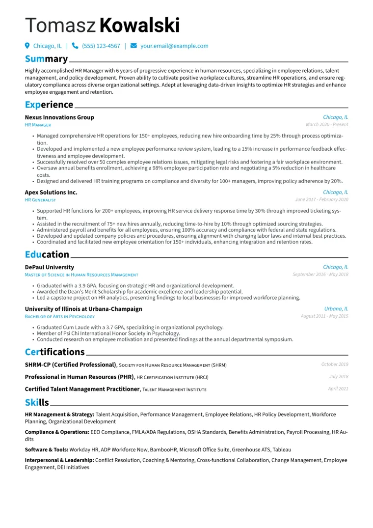 HR Manager Resume Example CV template preview