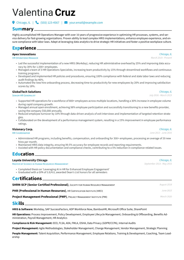 HR Operations Manager Resume Example CV template preview