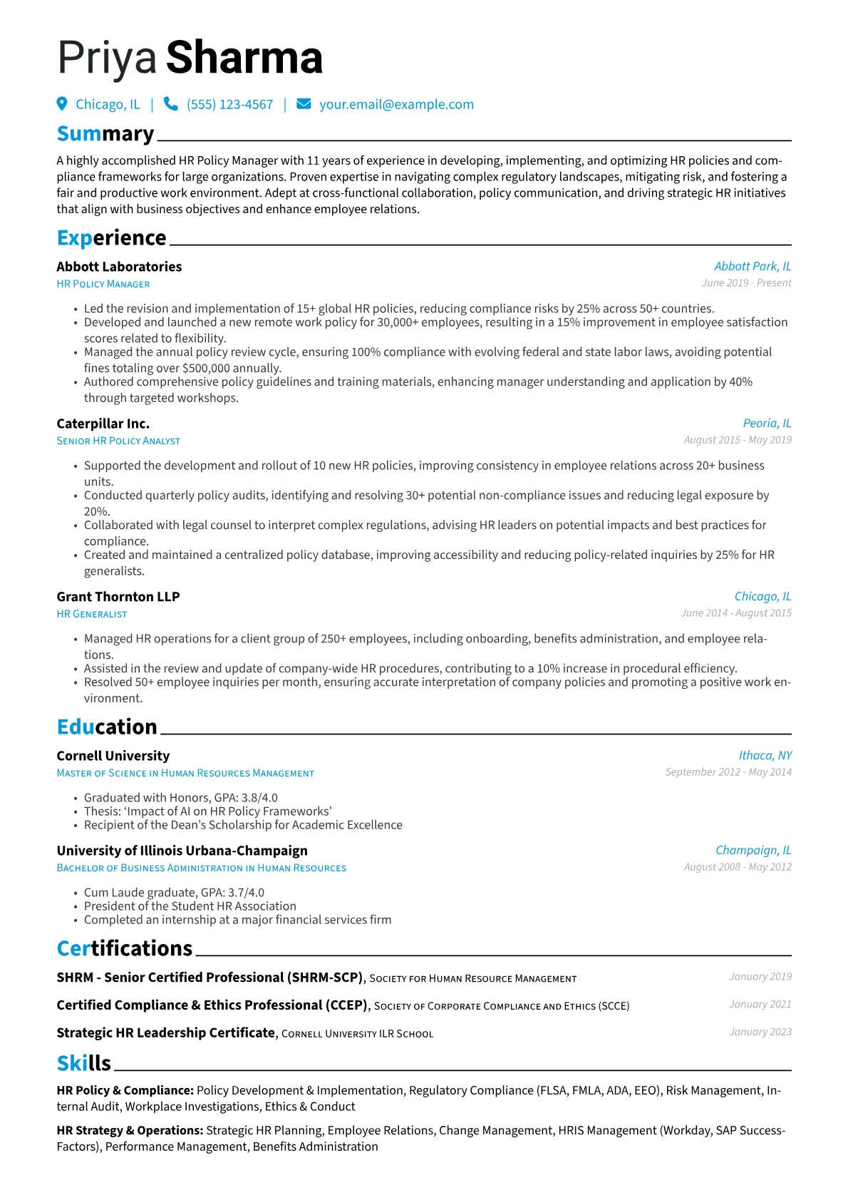 HR Policy Manager Resume Example CV template - Page 1