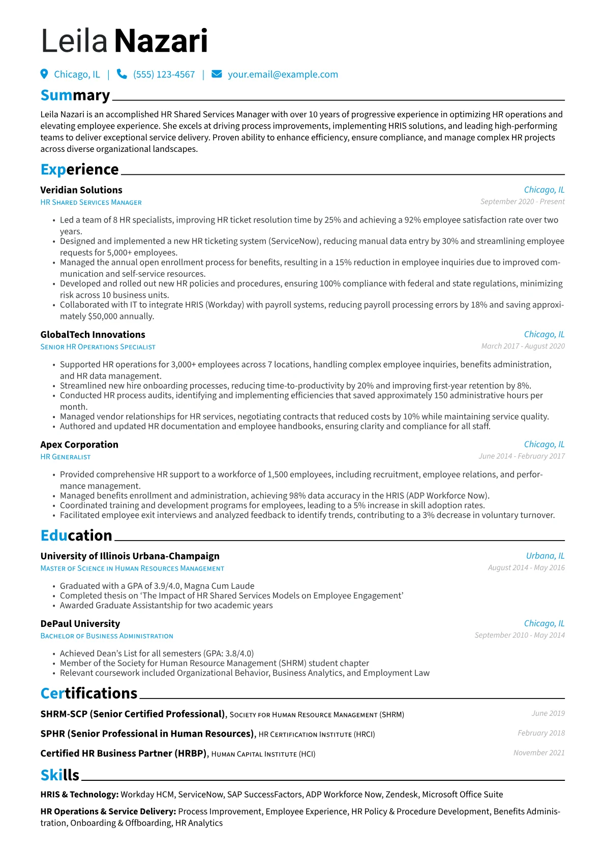 HR Shared Services Manager Resume Example CV template - Page 1