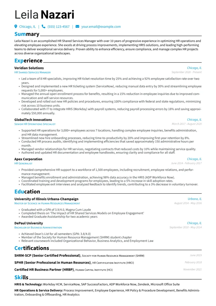 HR Shared Services Manager Resume Example CV template preview