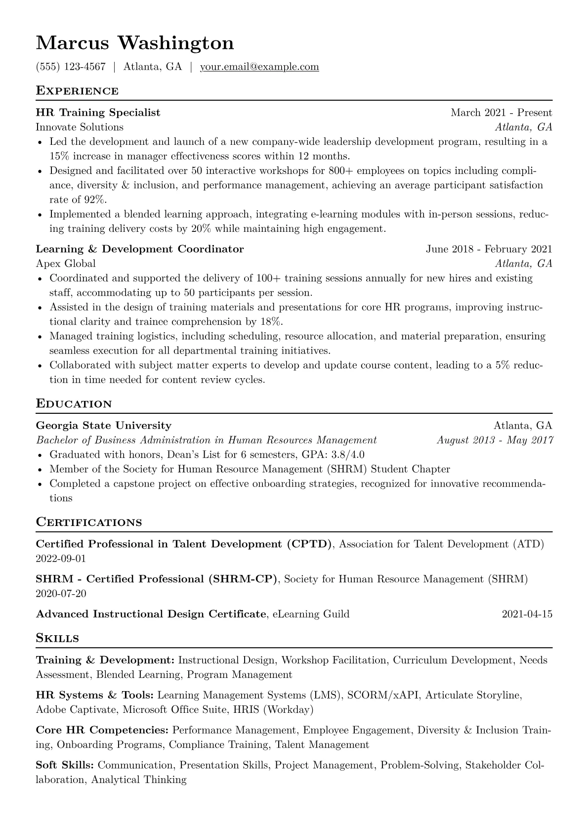 HR Training Specialist Resume Example CV template - Page 1