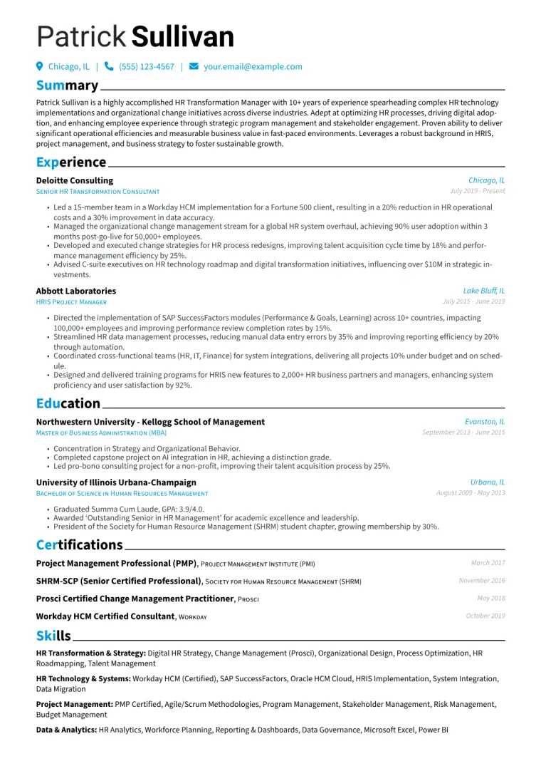 HR Transformation Manager Resume Example CV template preview