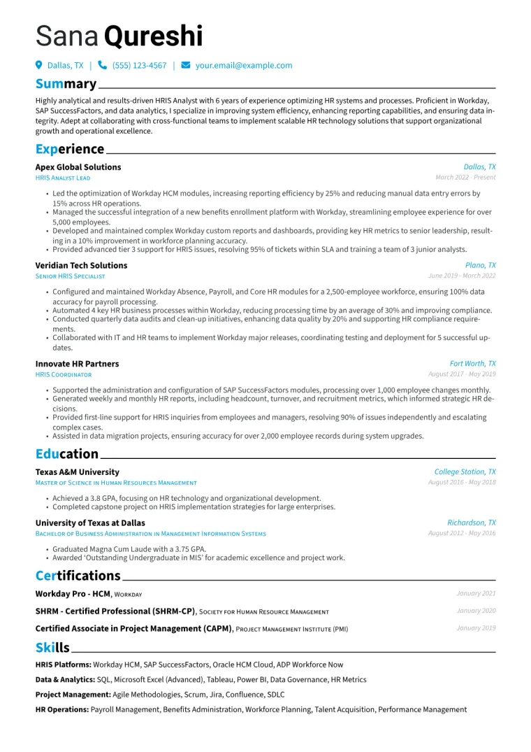 HRIS Analyst Resume Example CV template preview