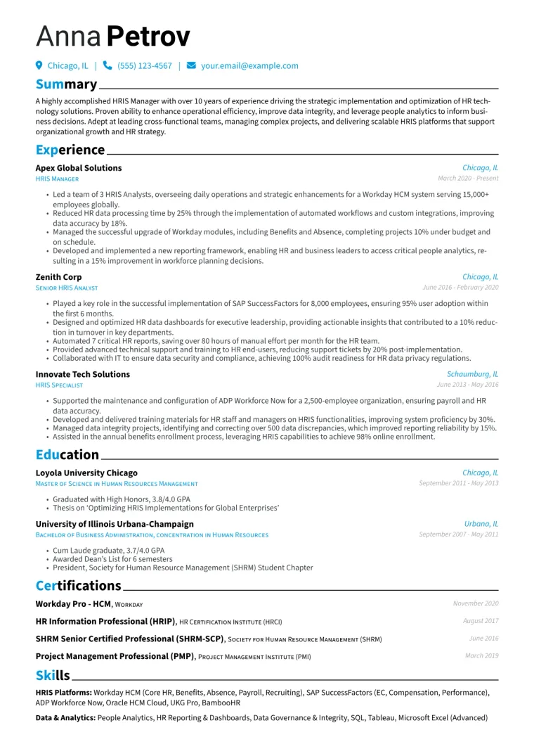 HRIS Manager Resume Example CV template preview