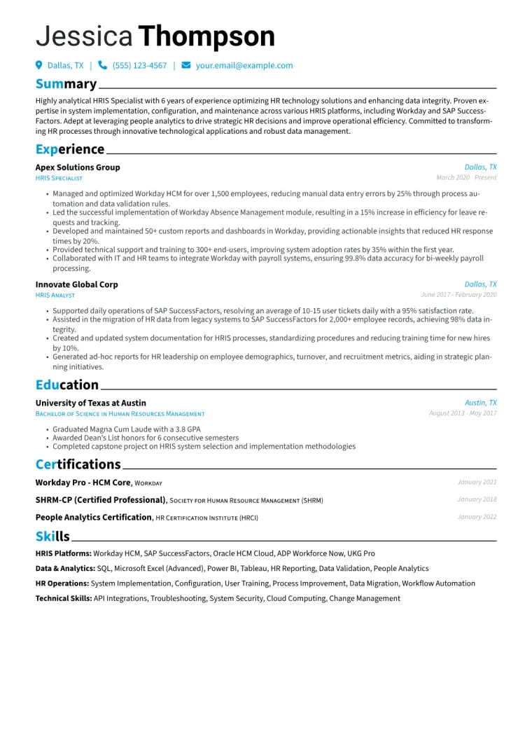HRIS Specialist Resume Example CV template preview