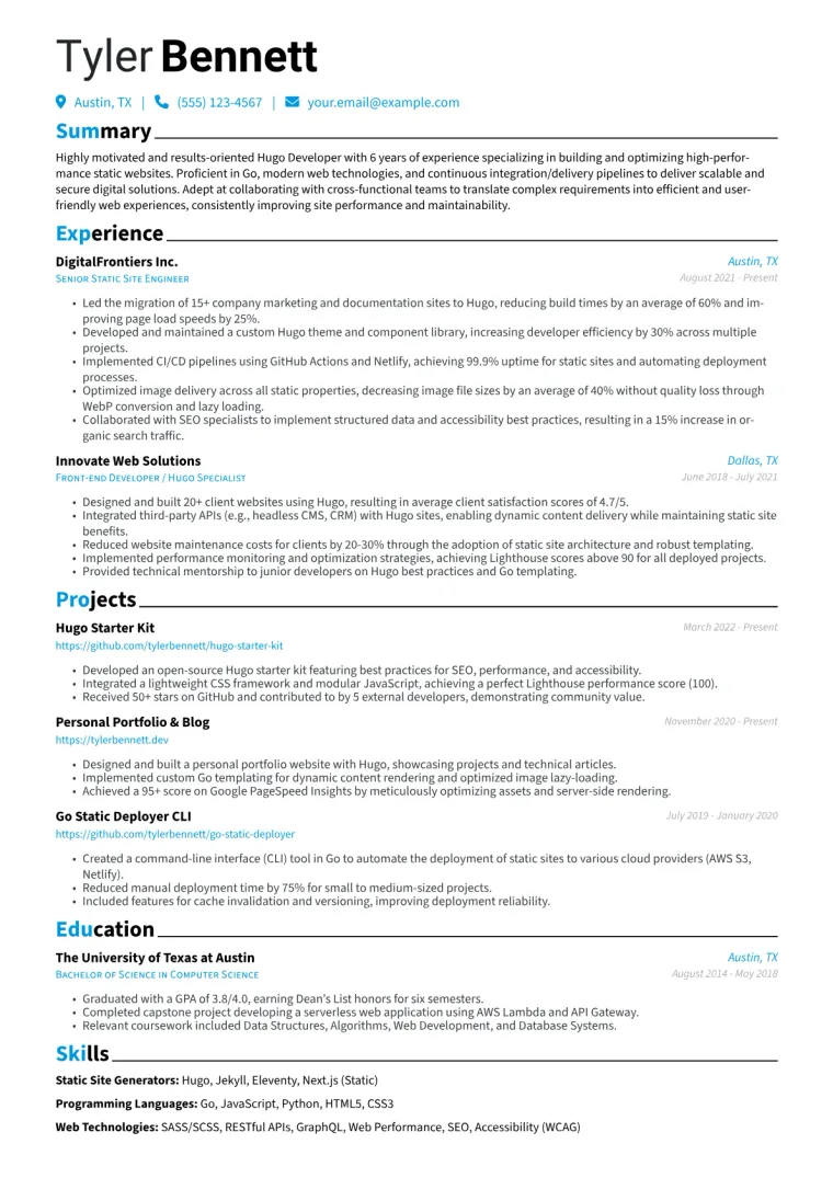 Hugo Developer Resume Example CV template preview