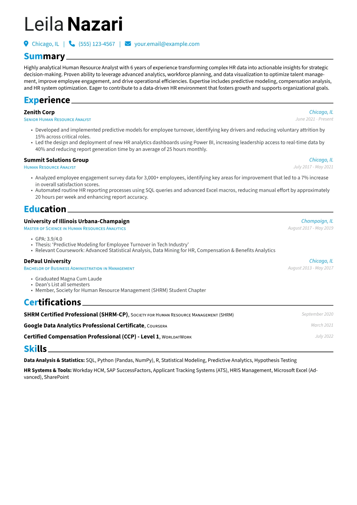 Human Resource Analyst Resume Example CV template - Page 1