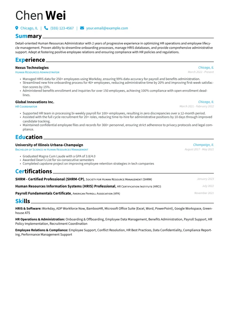 Human Resources Administrator Resume Example CV template preview