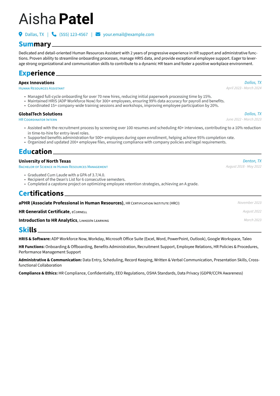 Human Resources Assistant Resume Example CV template - Page 1