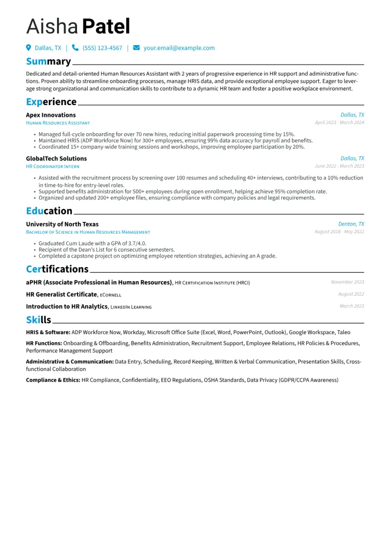 Human Resources Assistant Resume Example CV template preview