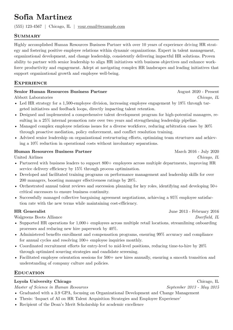 Human Resources Business Partner Resume Example CV template preview