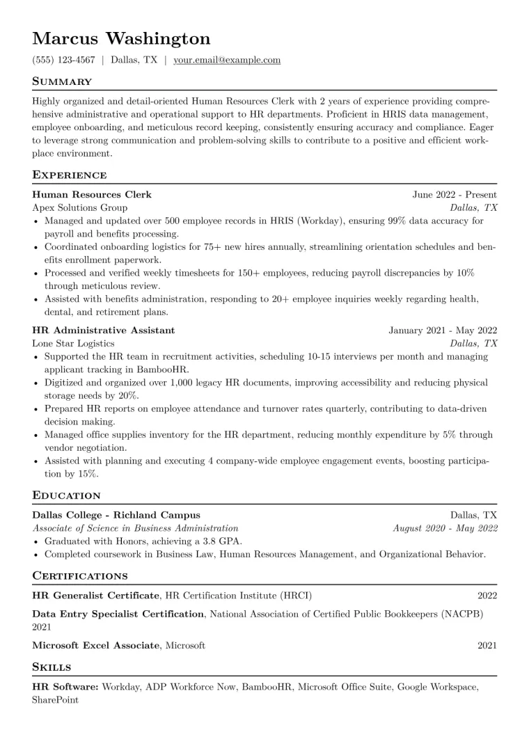 Human Resources Clerk Resume Example CV template preview