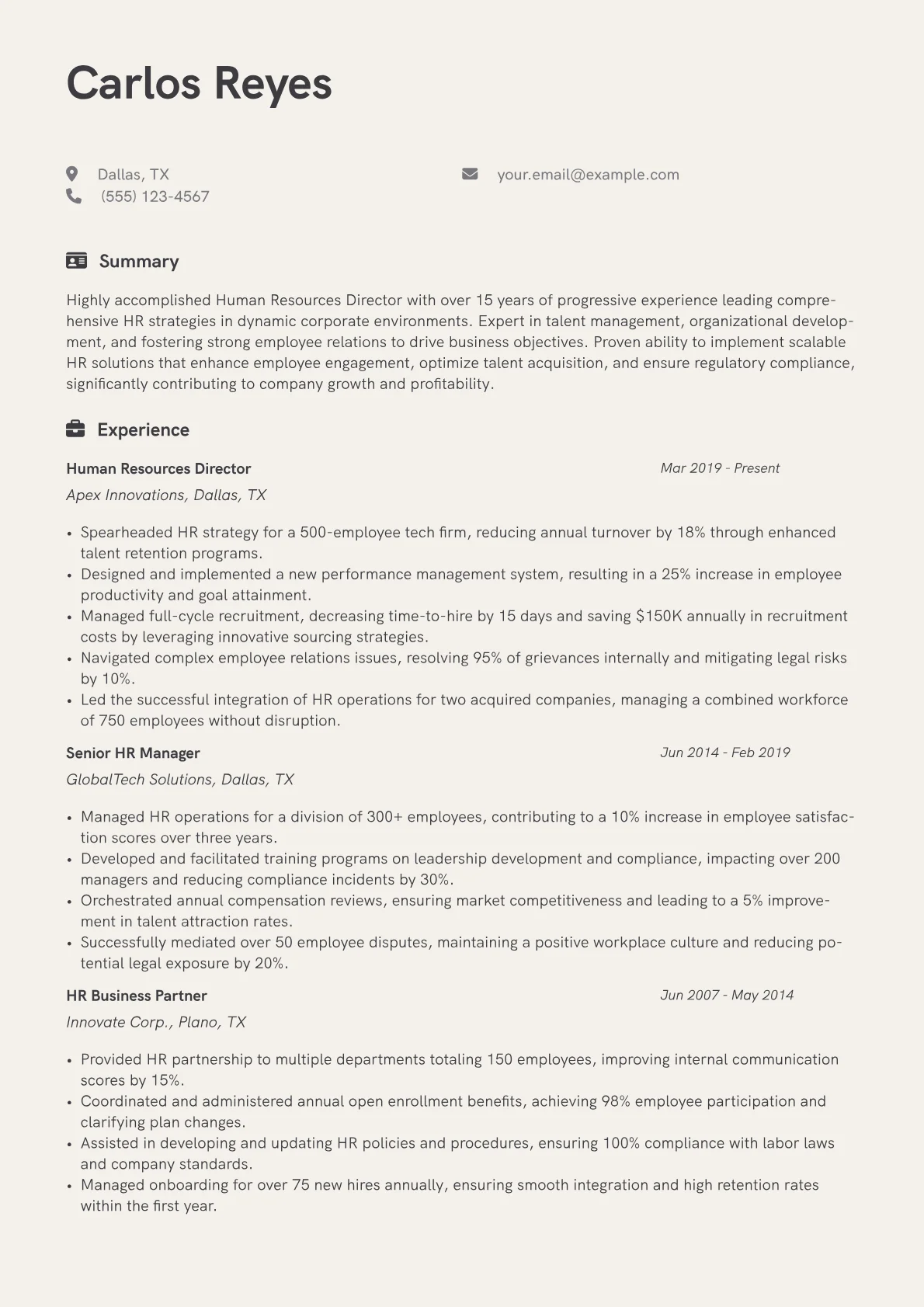 Human Resources Director Resume Example CV template - Page 1