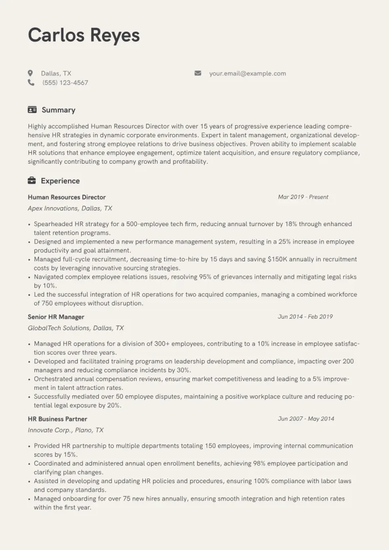 Human Resources Director Resume Example CV template preview