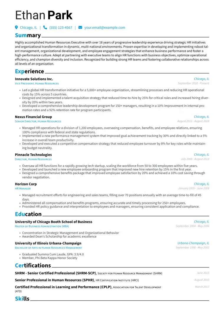 Human Resources Executive Resume Example CV template preview