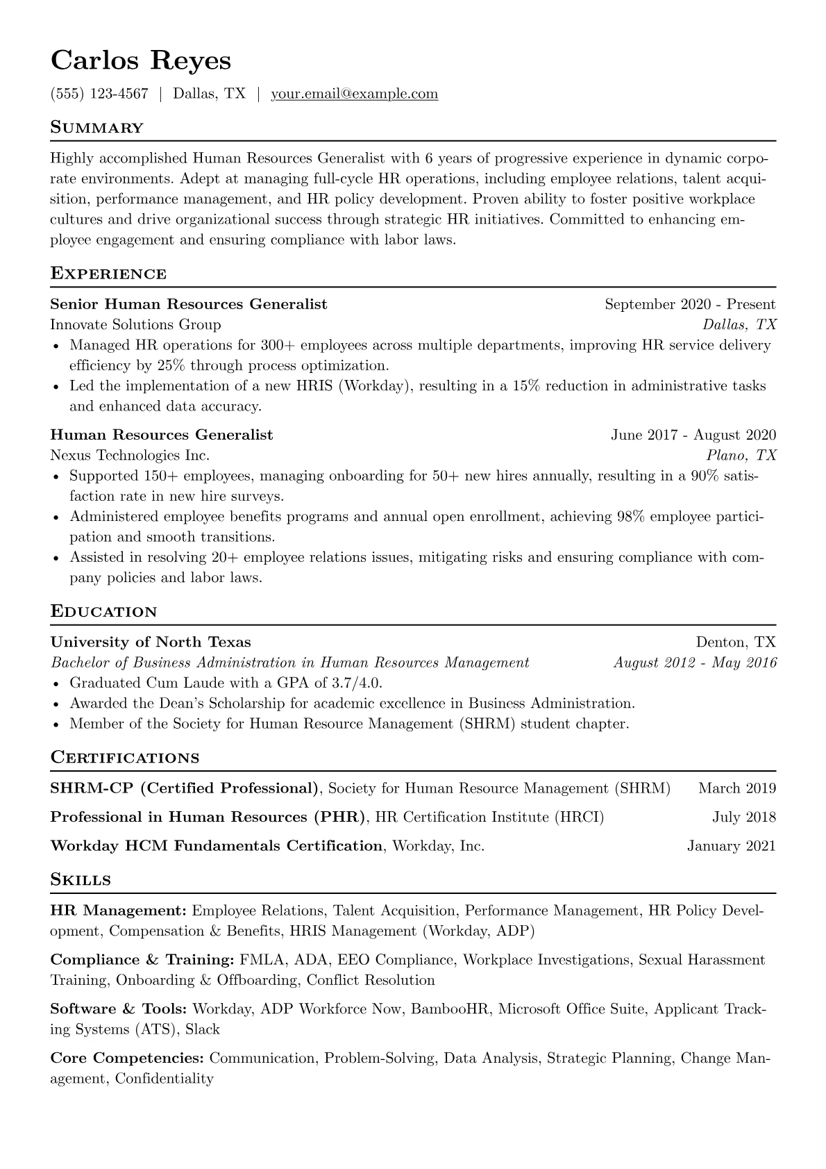 Human Resources Generalist Resume Example CV template - Page 1