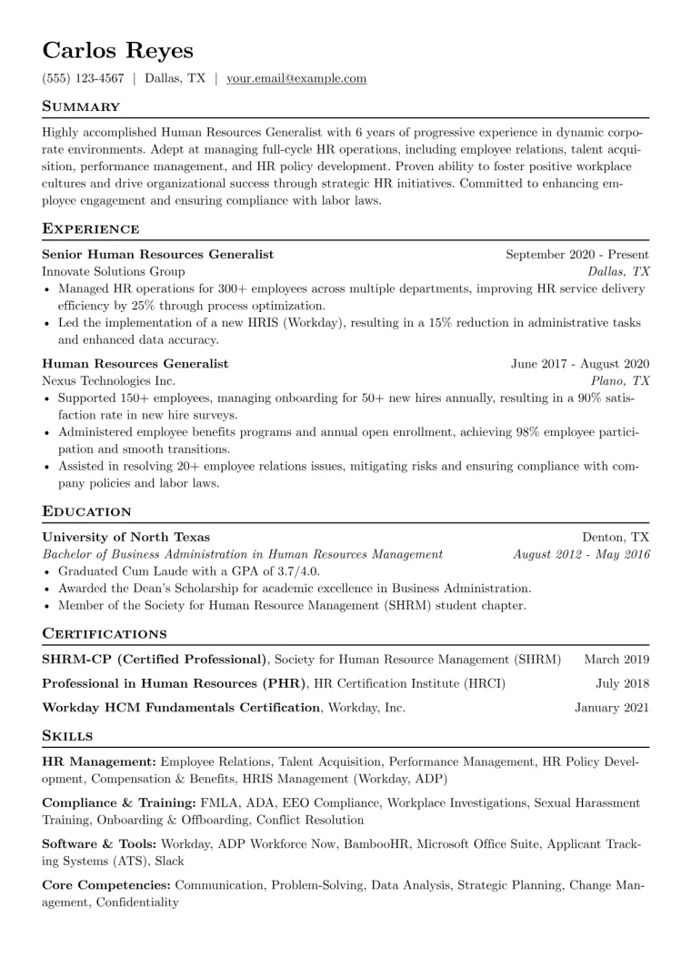 Human Resources Generalist Resume Example CV template preview