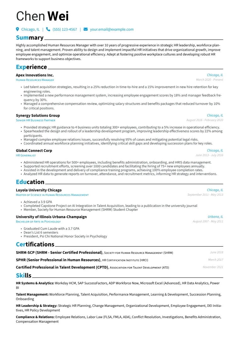 Human Resources Manager Resume Example CV template preview