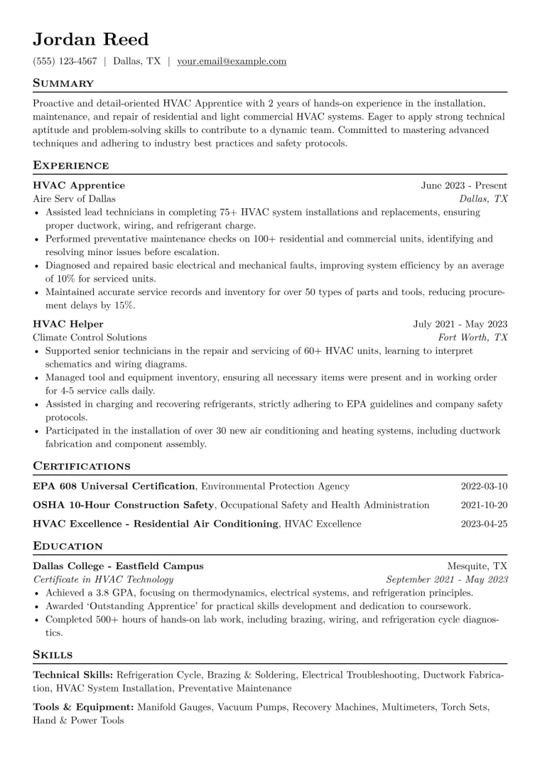 HVAC Apprentice Resume Example CV template preview