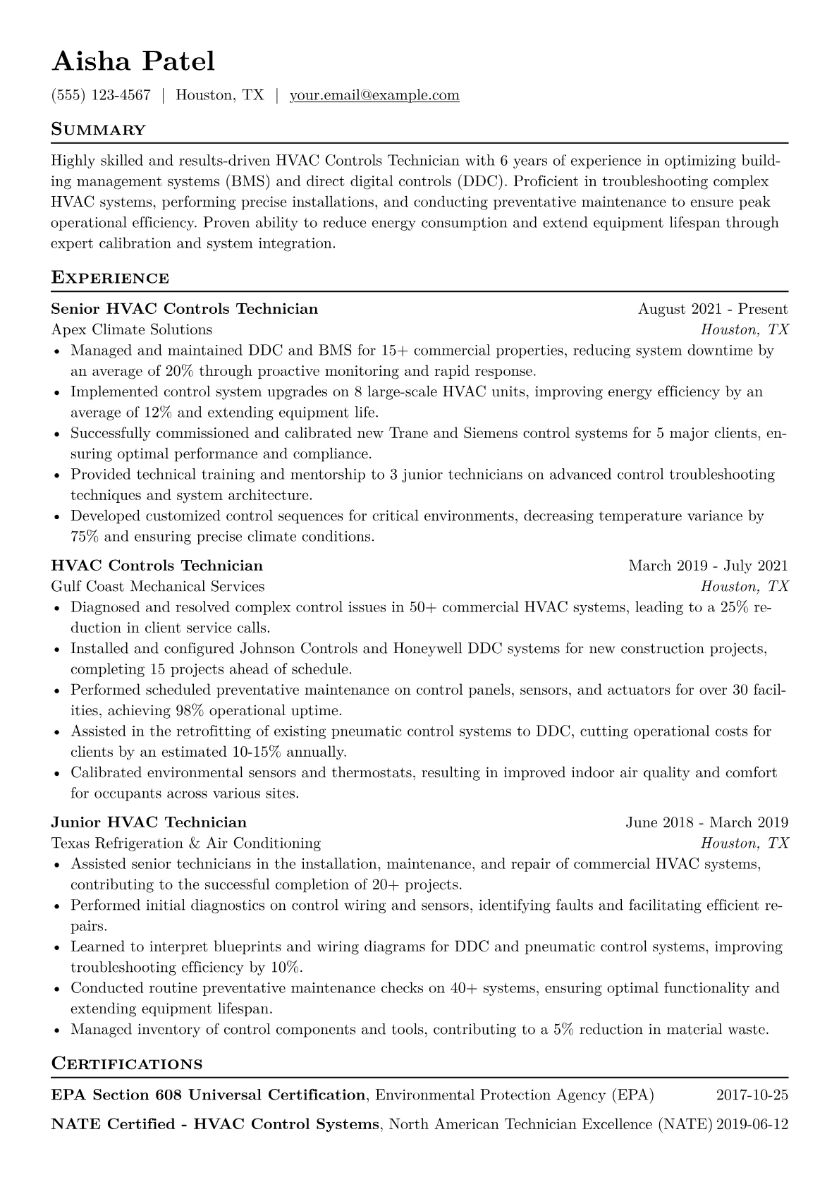 HVAC Controls Technician Resume Example CV template - Page 1