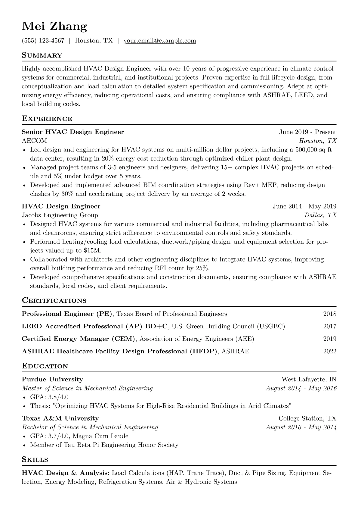 HVAC Design Engineer Resume Example CV template - Page 1