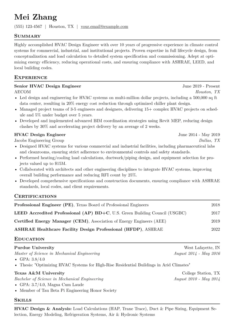 HVAC Design Engineer Resume Example CV template preview