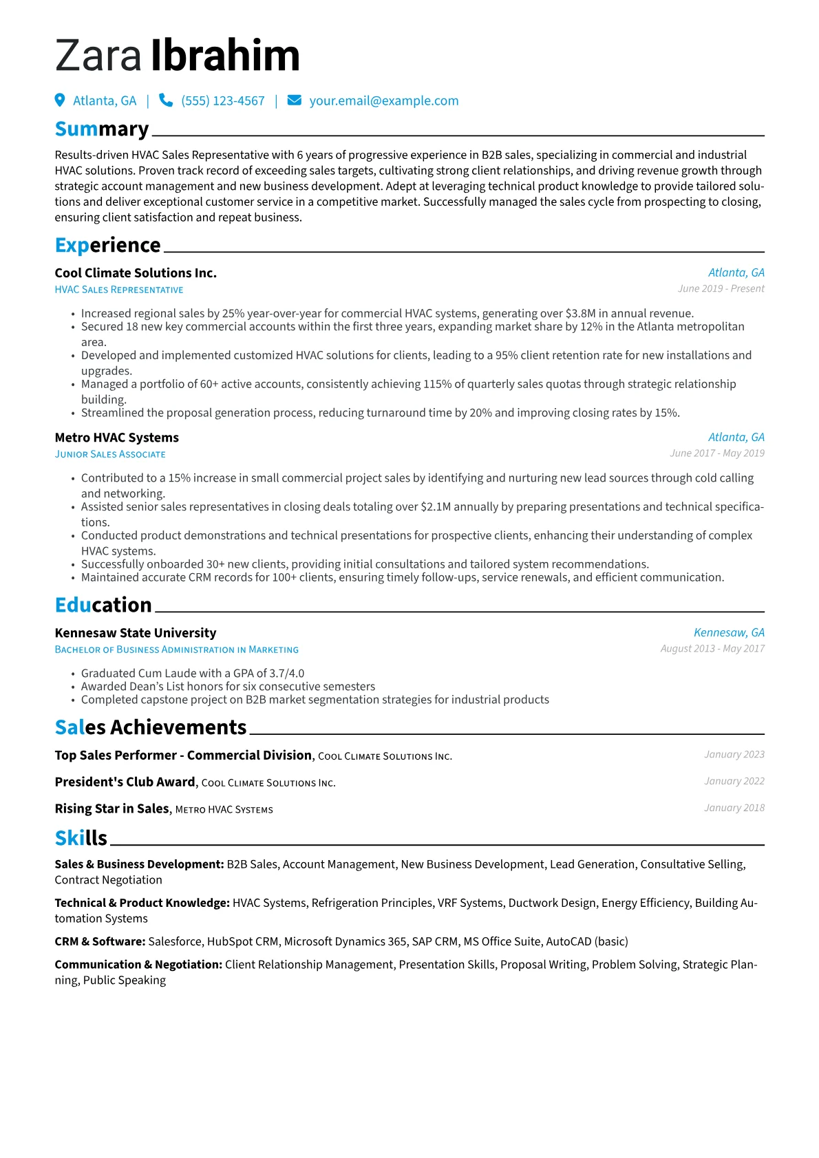 HVAC Sales Representative Resume Example CV template - Page 1