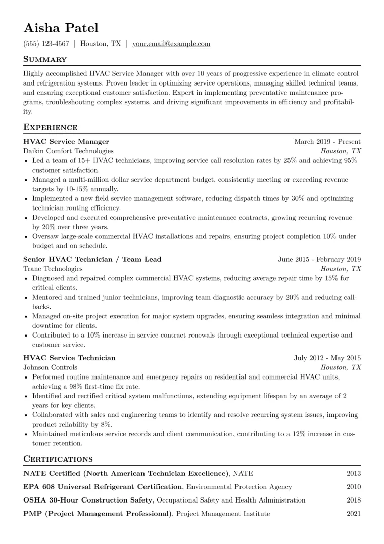 HVAC Service Manager Resume Example CV template preview