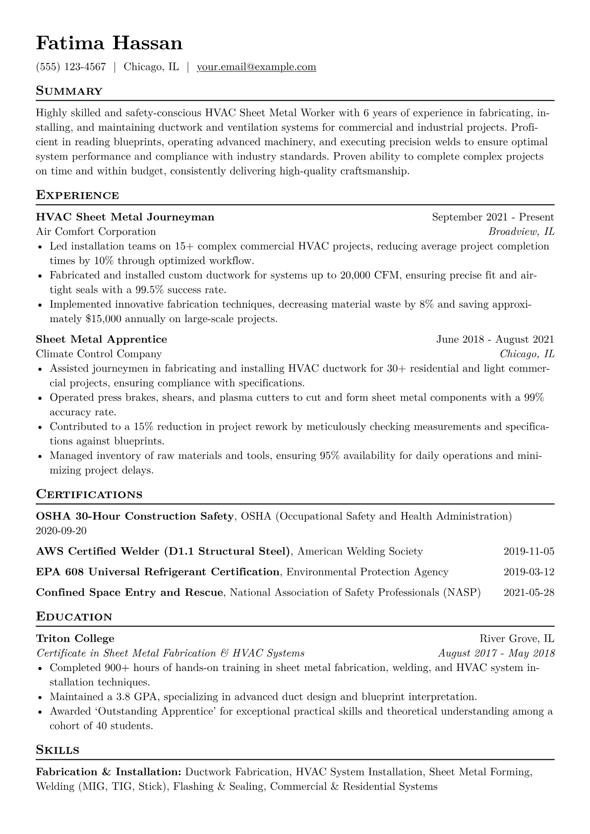 HVAC Sheet Metal Worker Resume Example CV template - Page 1
