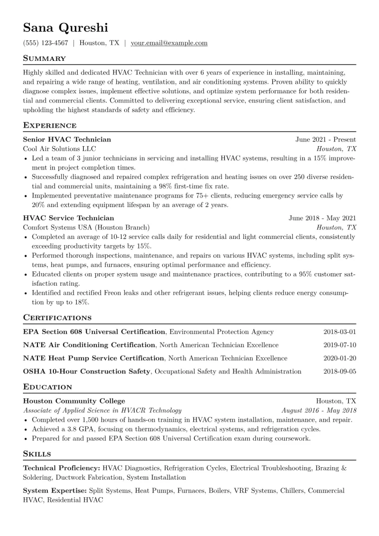 HVAC Technician Resume Example