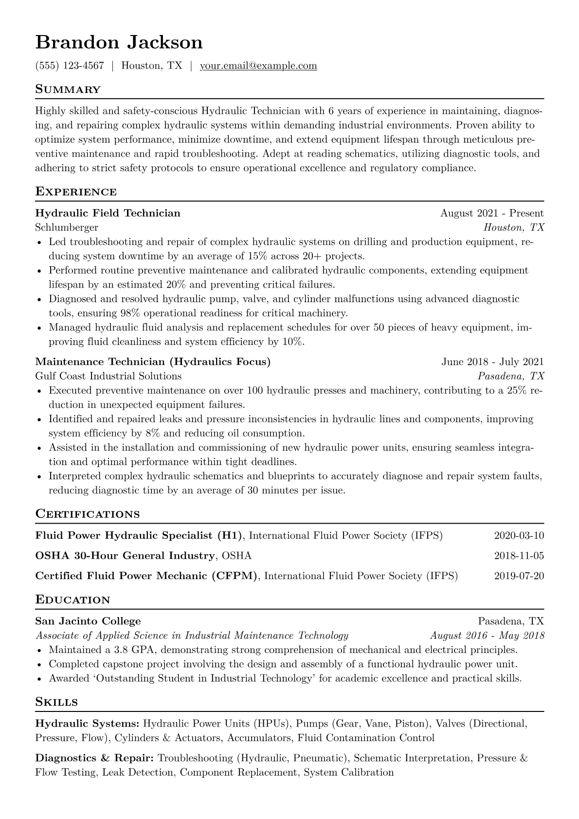 Hydraulic Technician Resume Example CV template - Page 1
