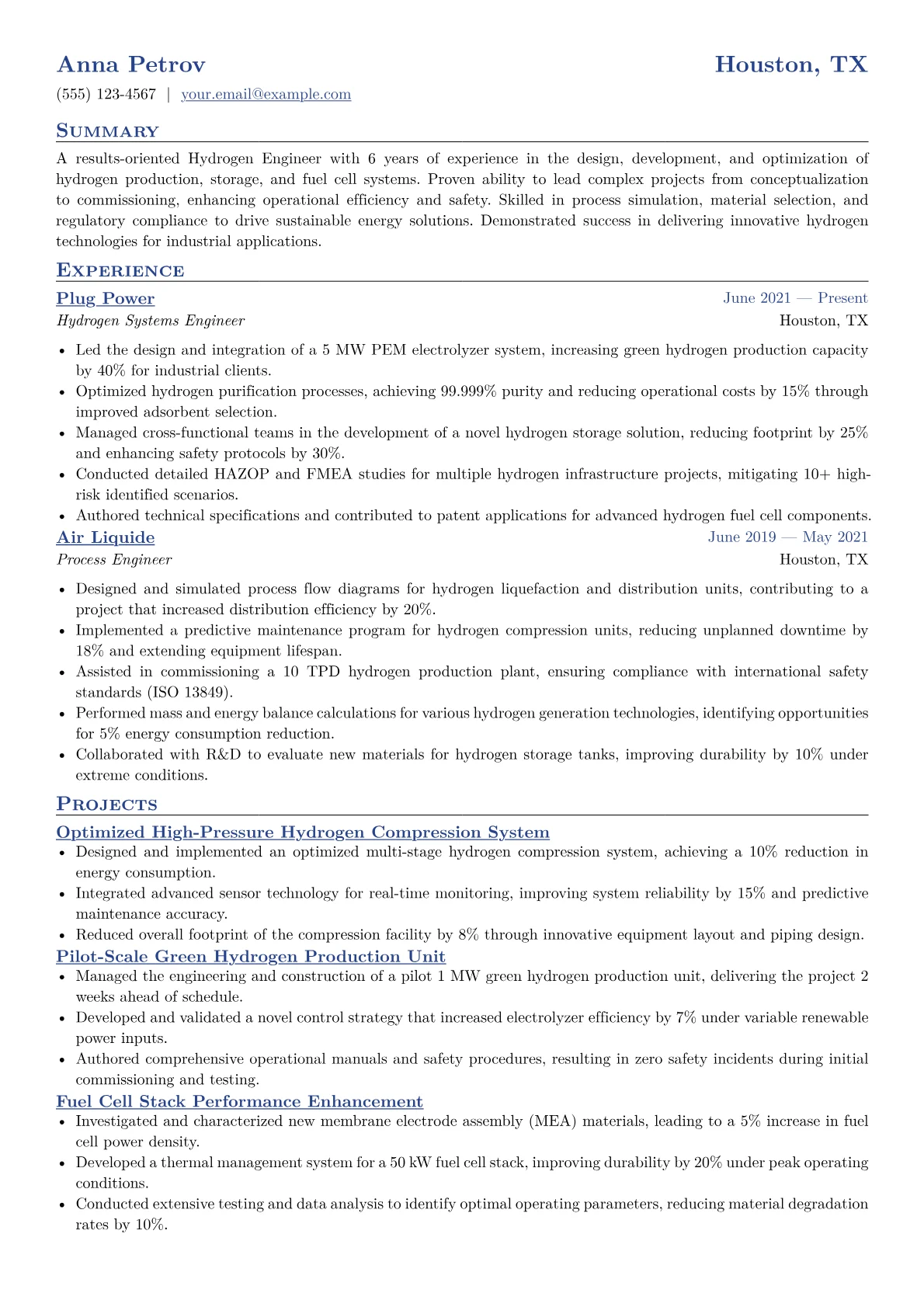 Hydrogen Engineer Resume Example CV template - Page 1
