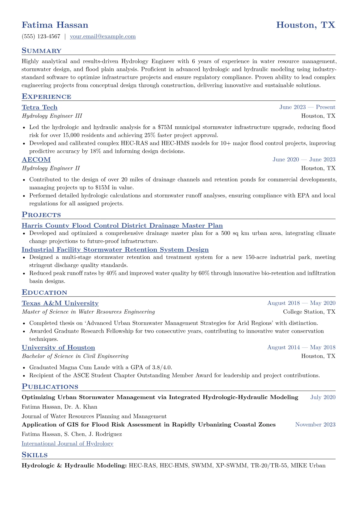Hydrology Engineer Resume Example CV template - Page 1