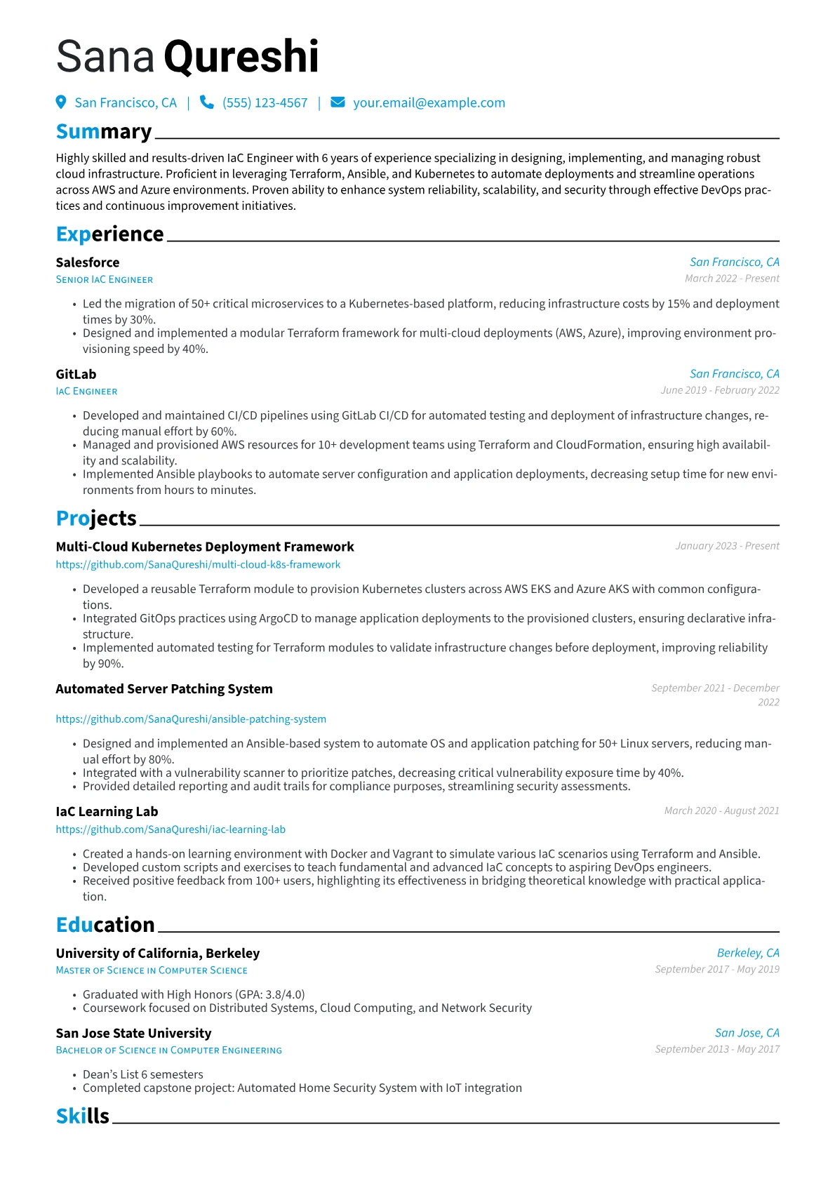 IaC Engineer Resume Example CV template - Page 1