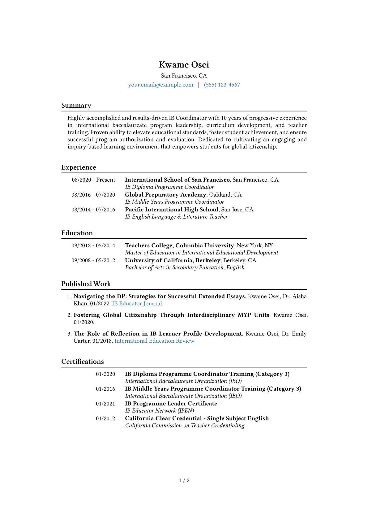 IB Coordinator Resume Example CV template - Page 1