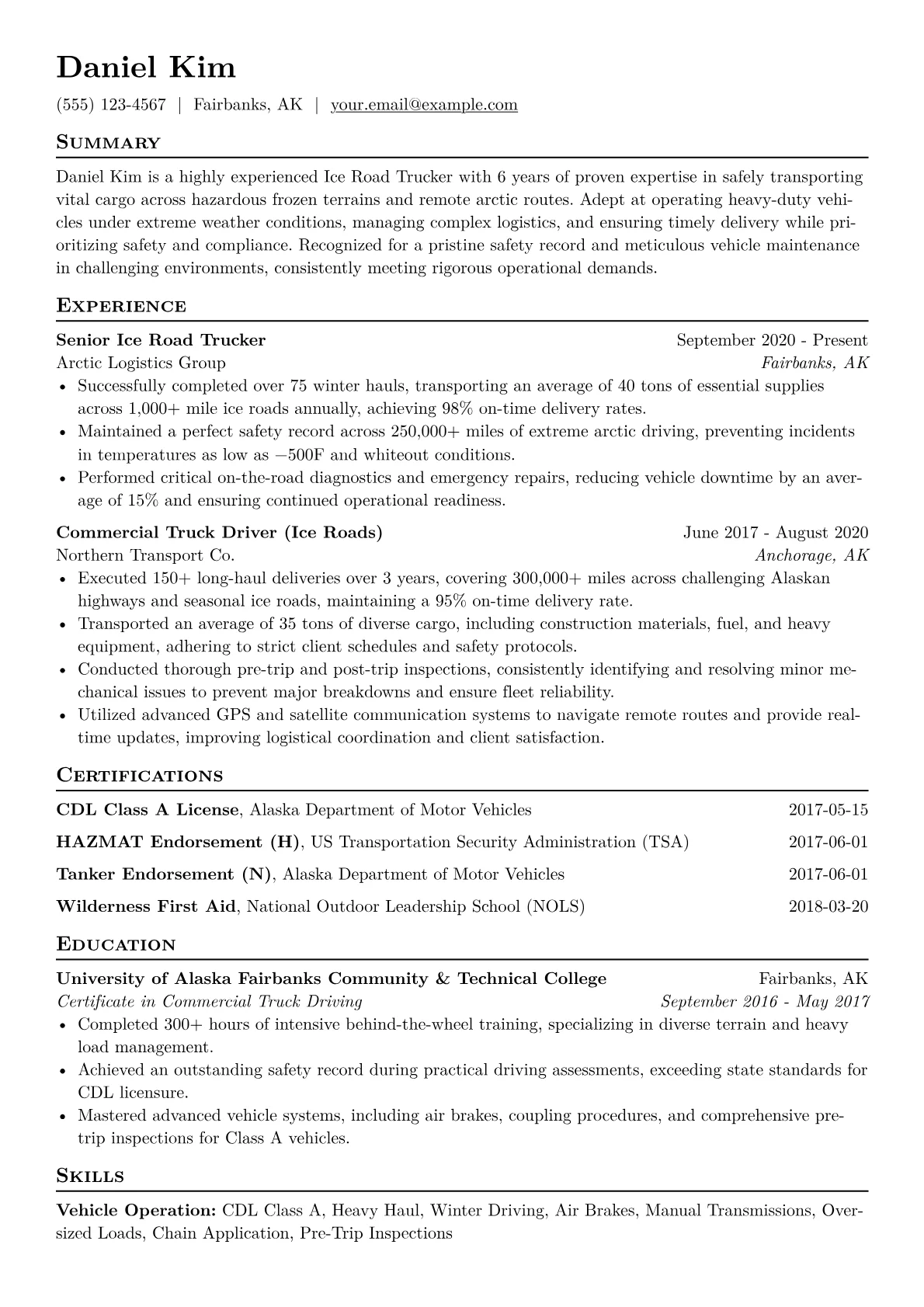 Ice Road Trucker Resume Example CV template - Page 1