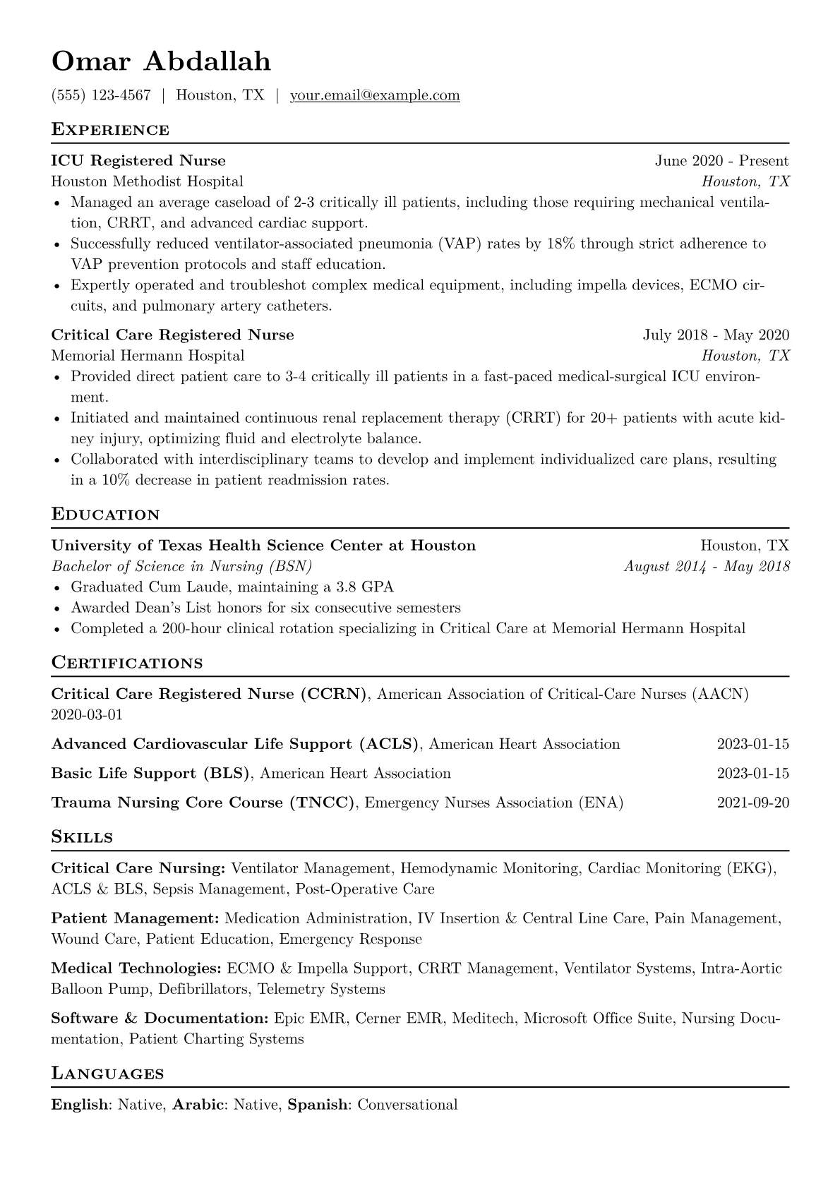 ICU Nurse Resume Example CV template - Page 1