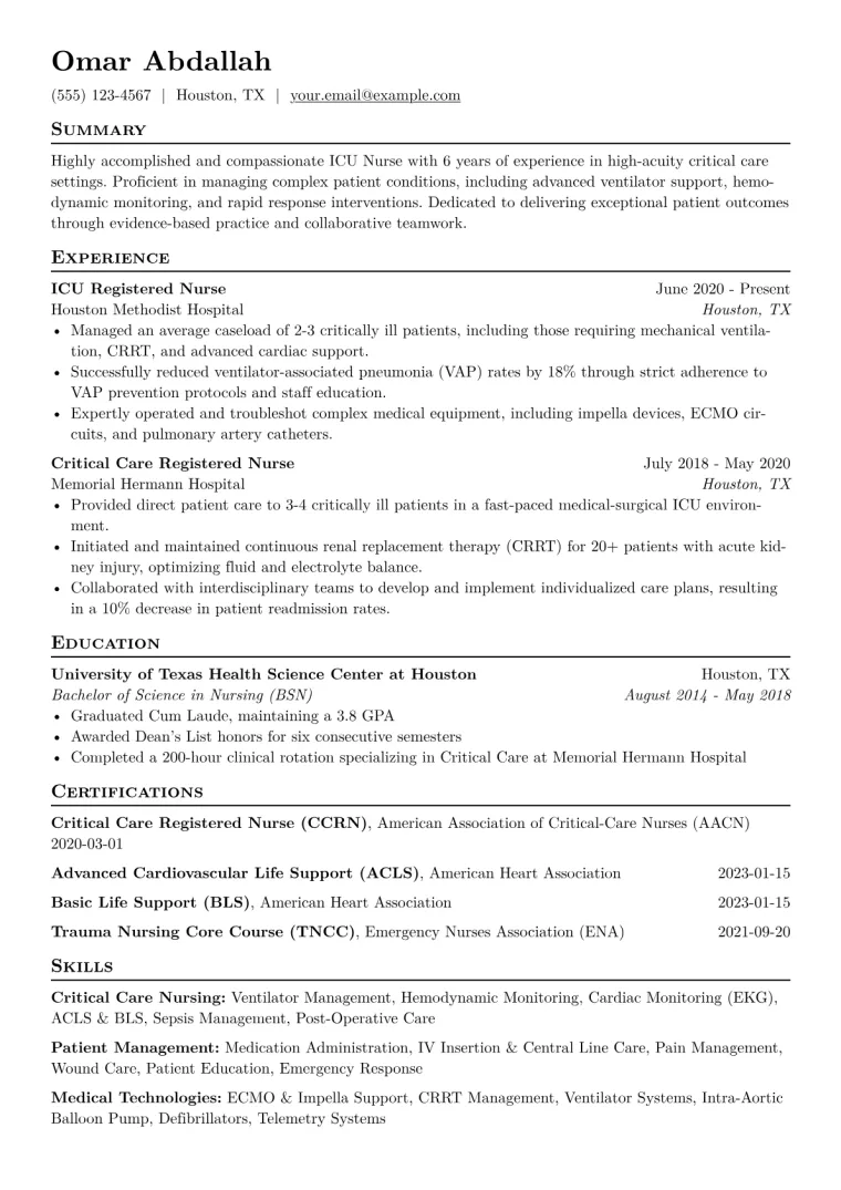 ICU Nurse Resume Example