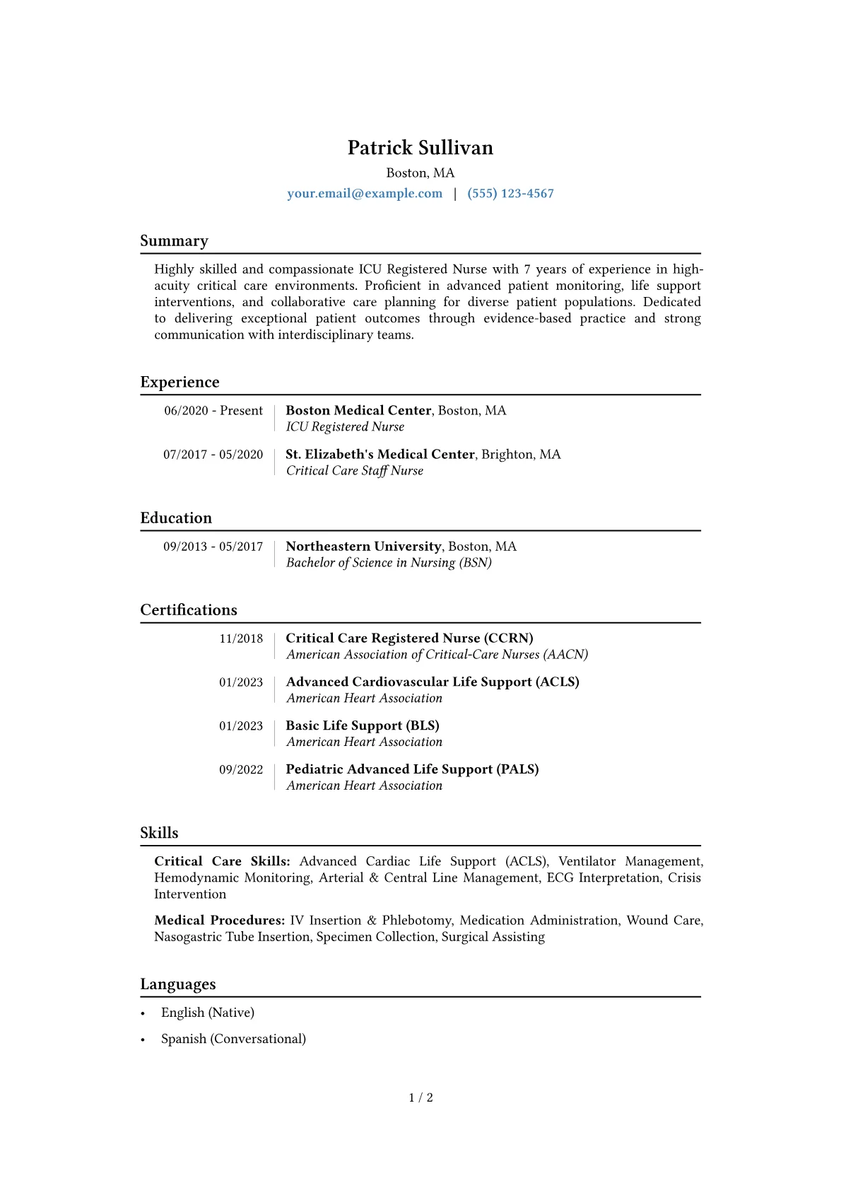 ICU Registered Nurse Resume Example CV template - Page 1