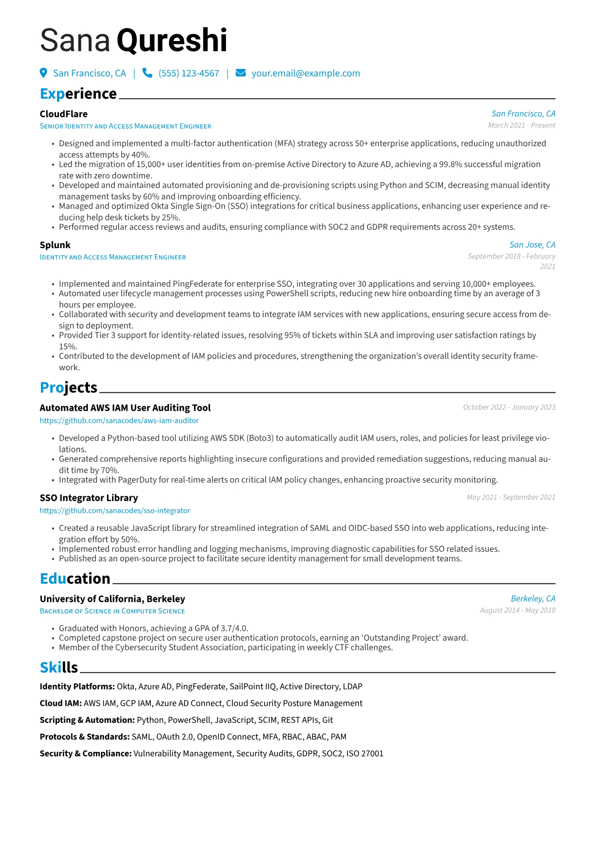 Identity and Access Management Engineer Resume Example CV template - Page 1
