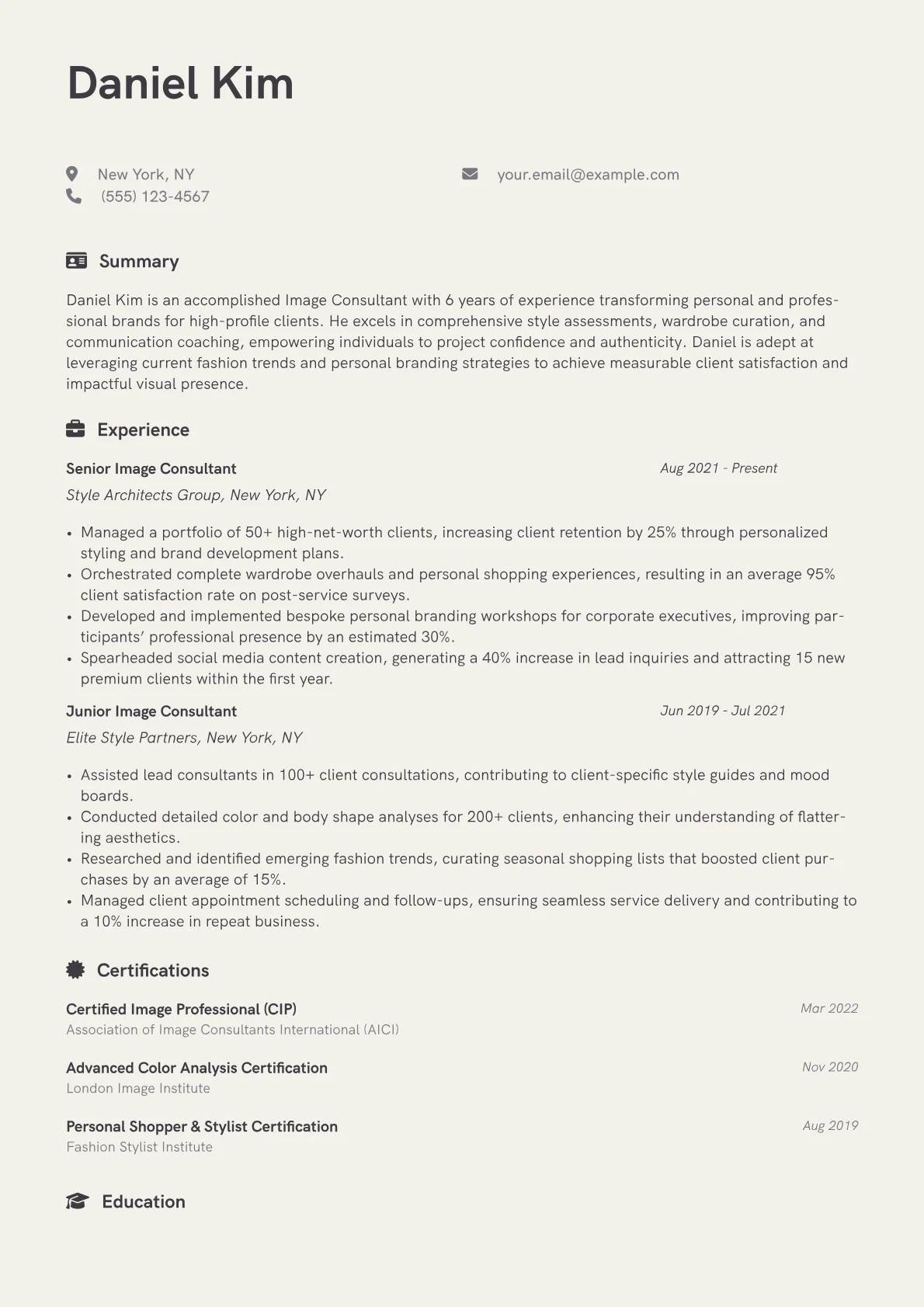 Image Consultant Resume Example CV template - Page 1