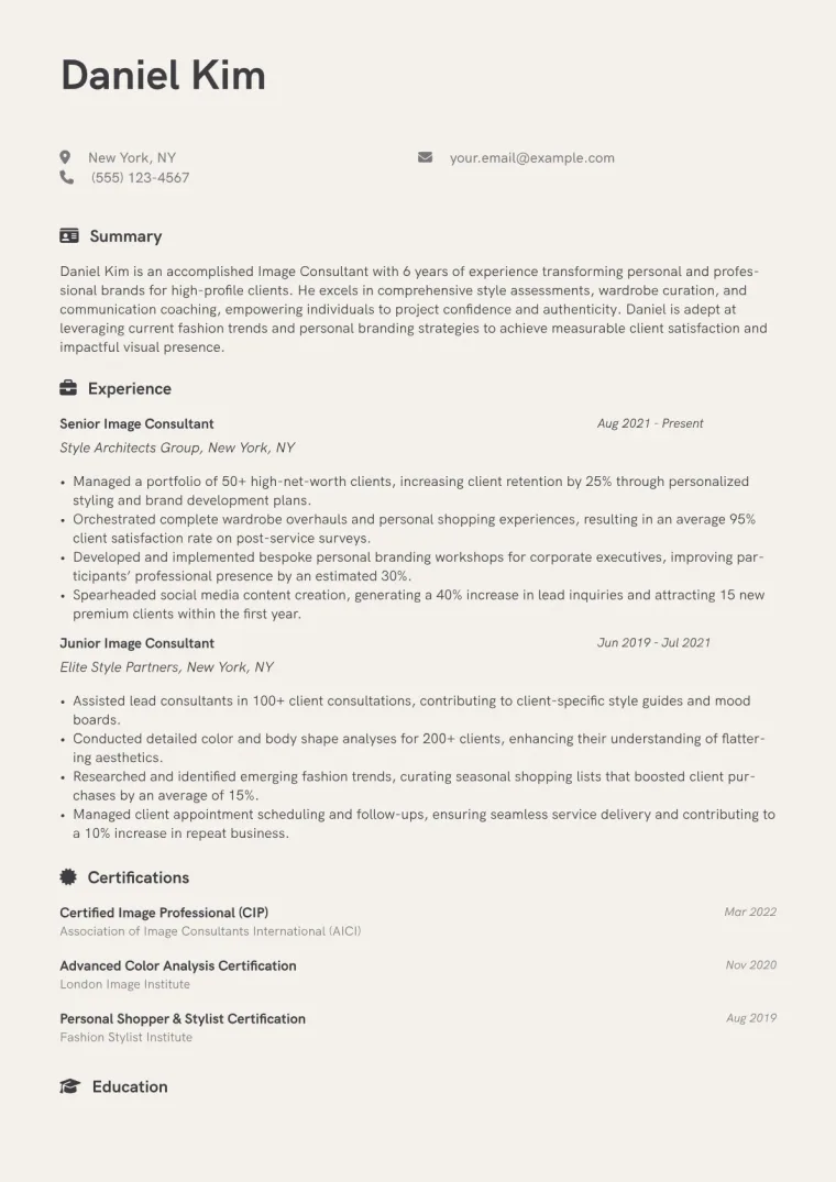Image Consultant Resume Example CV template preview
