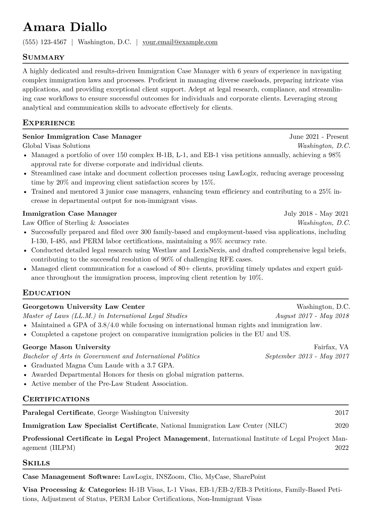 Immigration Case Manager Resume Example CV template - Page 1