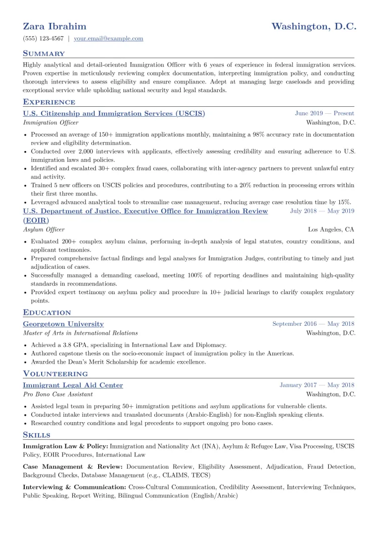Immigration Officer Resume Example