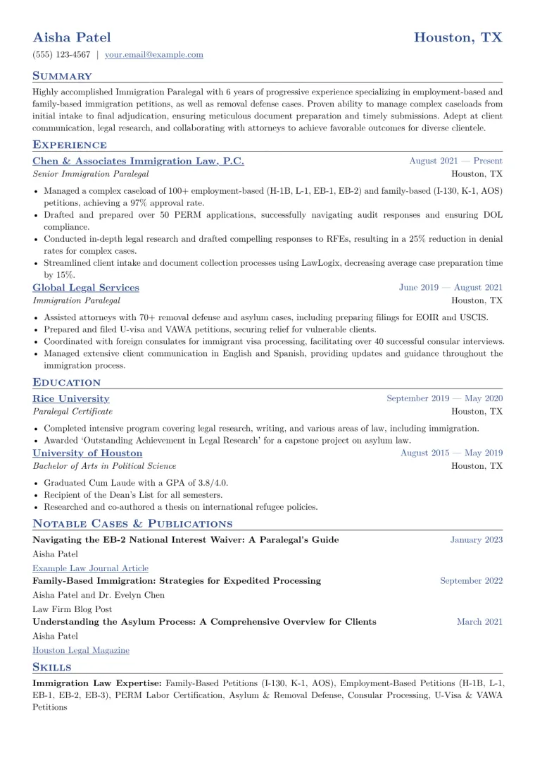 Immigration Paralegal Resume Example CV template preview
