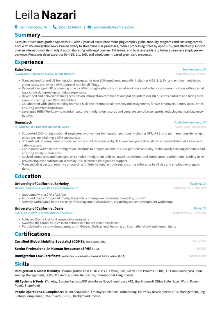 Immigration Specialist HR Resume Example CV template preview